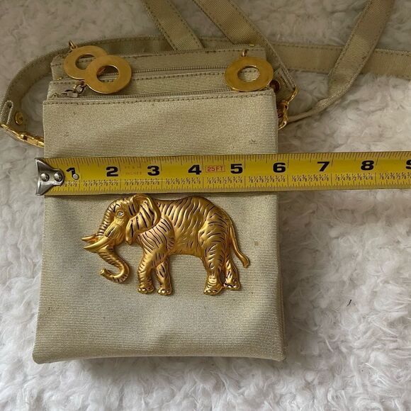 Gold Nylon Crossbody bag with Gold Brass Elephant Attachment & Crystal Eyes - Picture 7 of 11